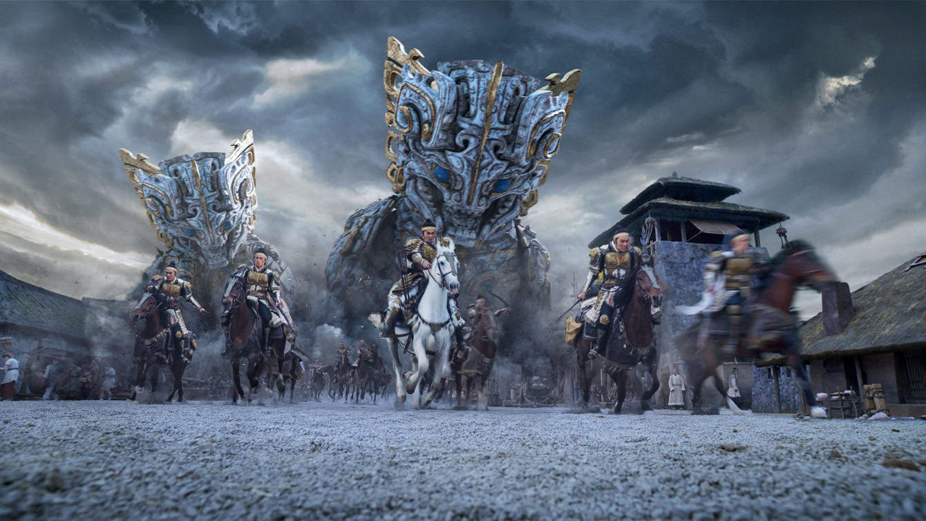 Creation of the Gods I: Kingdom of Storms movie still with riders on horses, a snowy cloudy landscape with giant towering figures