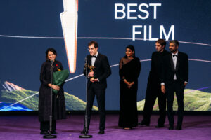 Payal Kapadia Receiving the Best Film Award with Divya Prabha