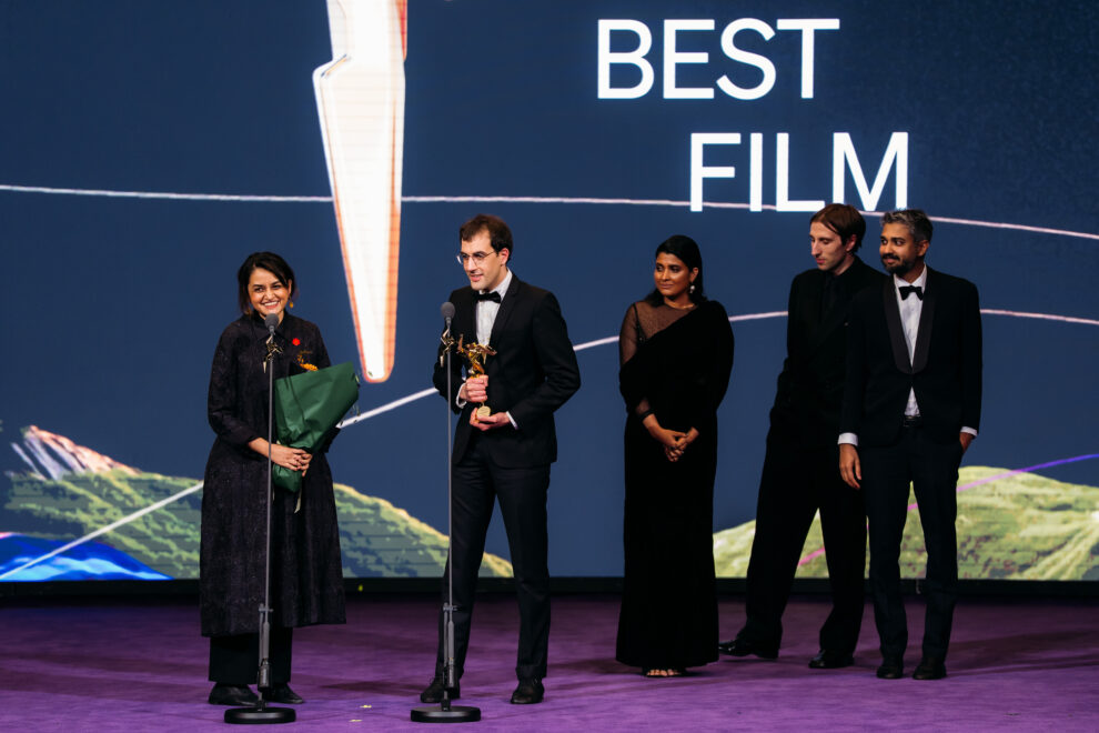 Payal Kapadia Receiving the Best Film Award with Divya Prabha