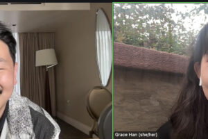 Andrew Ahn and Grace Han are in Zoom conversation.