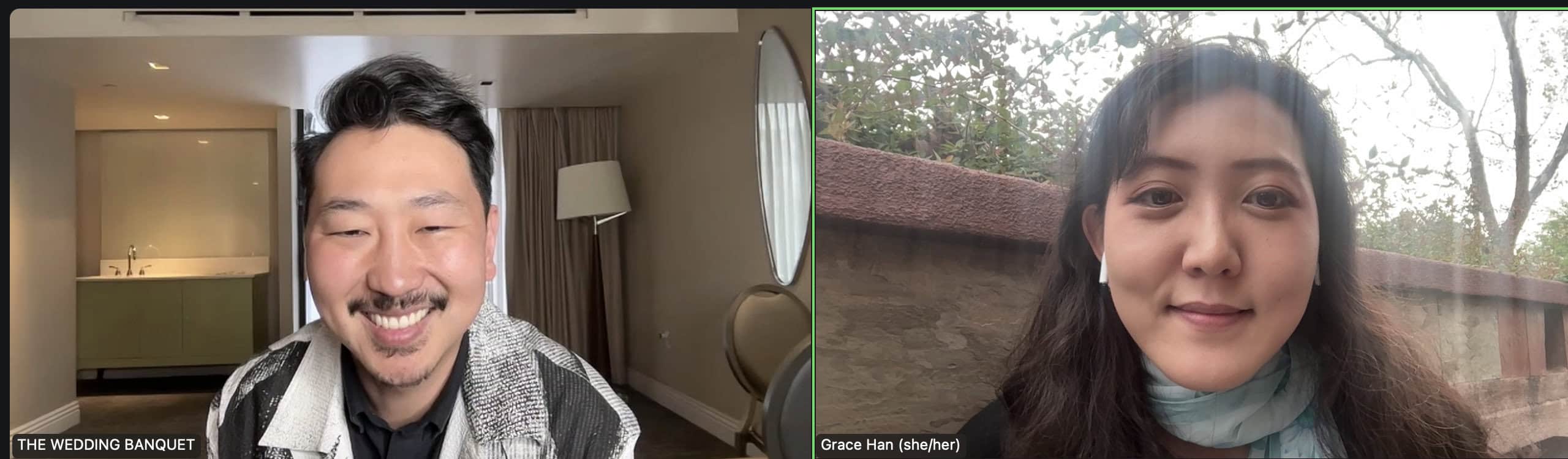 Andrew Ahn and Grace Han are in Zoom conversation.